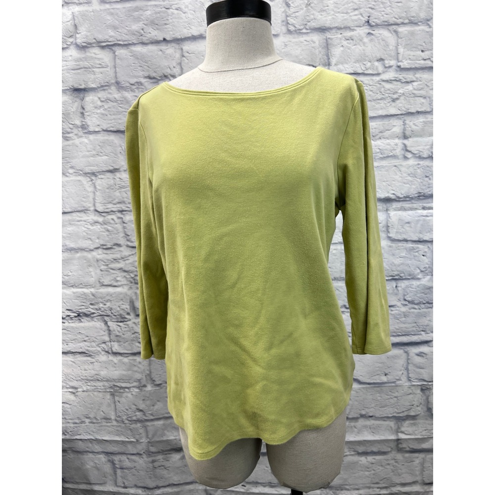 Eileen Fisher Top‎ Women Medium Green Good 3/4 Sleeve Boat Neck Cotton